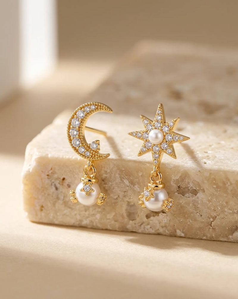 Moon and Star Pearl Earrings